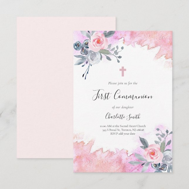girly first communion pink watercolor floral invitation (Front/Back)