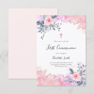 girly first communion pink watercolor floral invitation