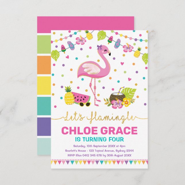 Girly Flamingo Birthday Summer Tropical Pool Party Invitation (Front/Back)