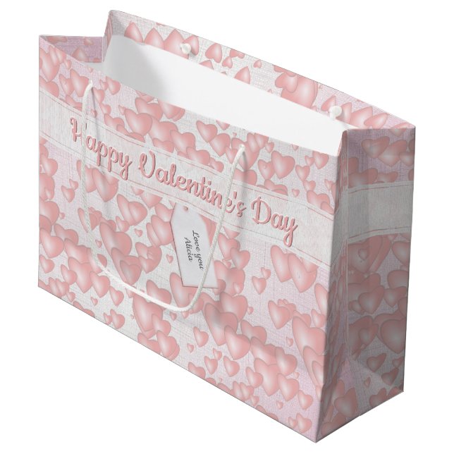 Girly Floating Pink Valentine Hearts Your Msg. Large Gift Bag (Front Angled)