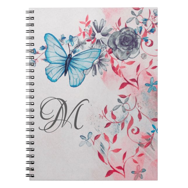 Girly Floral Black Blue Butterfly Monogram  Notebook (Front)