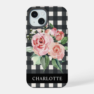 Girly Floral Black White Buffalo Plaid Name  iPhone 15 Case