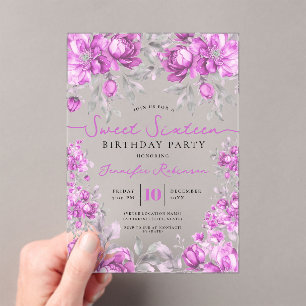 Girly Floral Bouquet Sweet 16 Birthday Pink Acrylic Invitations