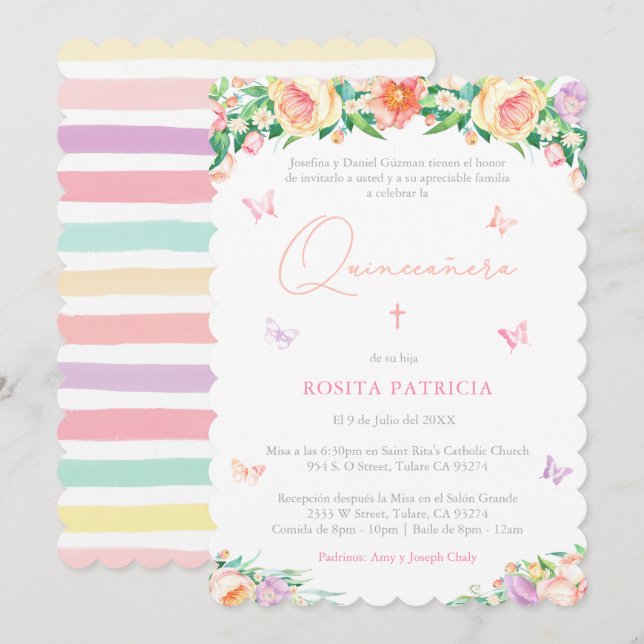Girly Floral Butterflies Quinceañera Party Invitation (Front/Back)