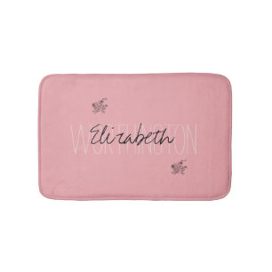 Girly Floral Calligraphy Name pink blush red Bath Mat