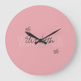 Girly Floral Calligraphy Name pink blush red Large Clock