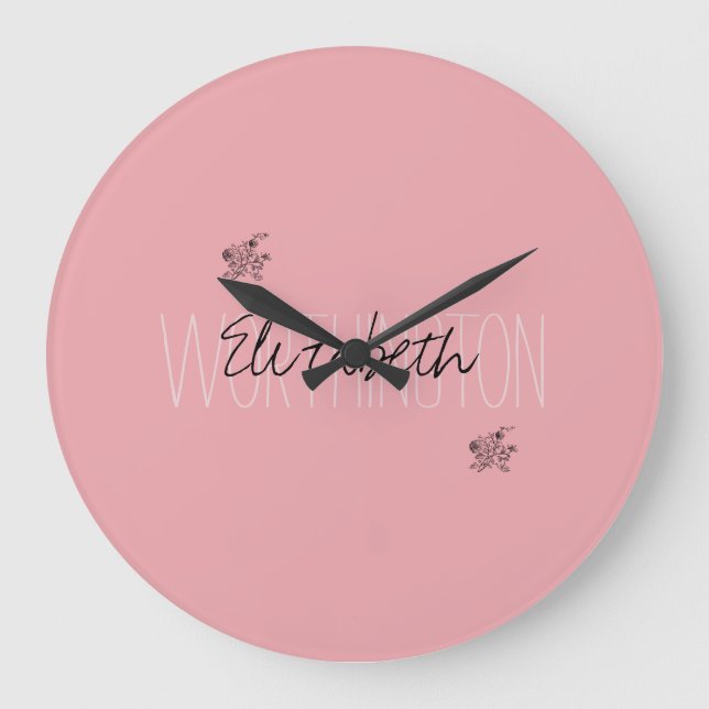 Girly Floral Calligraphy Name pink blush red Large Clock (Front)
