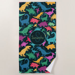 Girly Floral Dinosaur Silhouette Girls Beach Towel