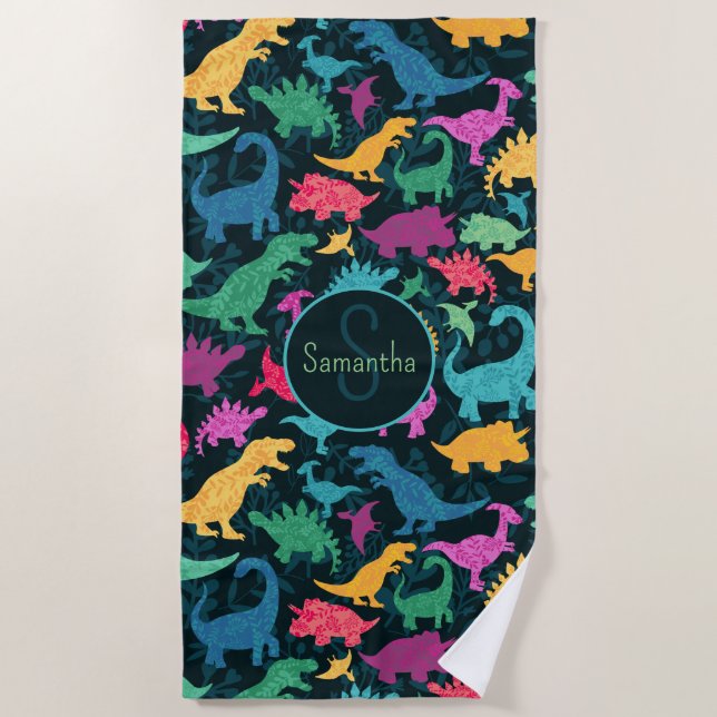 Girly Floral Dinosaur Silhouette Girls Beach Towel (Front)