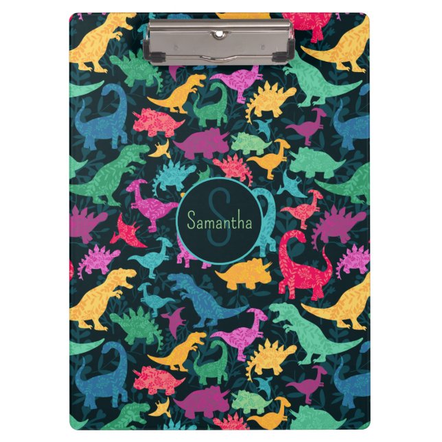 Girly Floral Dinosaur Silhouette Girls Clipboard (Front)