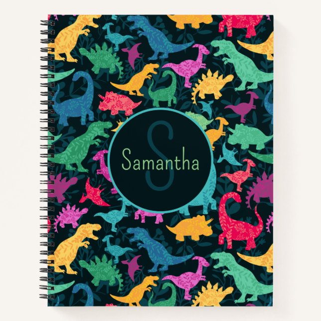 Girly Floral Dinosaur Silhouette Girls Notebook (Front)