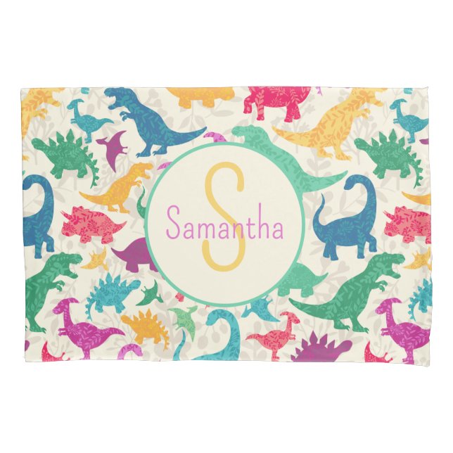 Girly Floral Dinosaur Silhouette Girls Pillowcase (Front)
