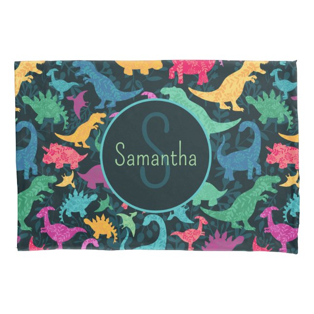 Girly Floral Dinosaur Silhouette Girls Pillowcase (Front)