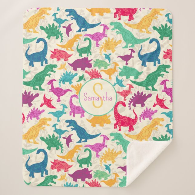 Girly Floral Dinosaur Silhouette Girls Sherpa Blanket (Front)