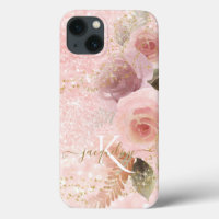 Girly Floral Elegant Pink Glitter Gold Stars Name