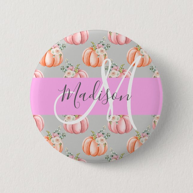 Girly Floral Gray Pink Peach Pumpkin Monogram Name 6 Cm Round Badge (Front)