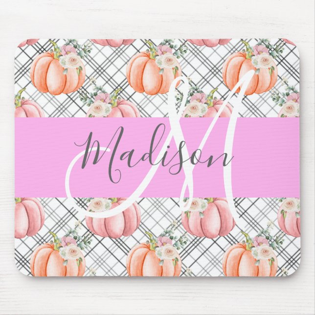 Girly Floral Gray Pink Peach Pumpkin Monogram Name Mouse Mat (Front)