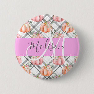 Girly Floral Grey Pink Peach Pumpkin Monogram Name 6 Cm Round Badge
