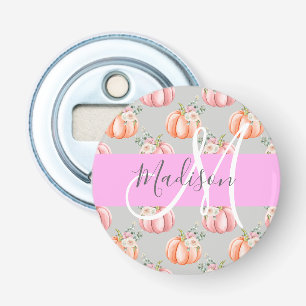 Girly Floral Grey Pink Peach Pumpkin Monogram Name Bottle Opener