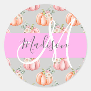 Girly Floral Grey Pink Peach Pumpkin Monogram Name Classic Round Sticker