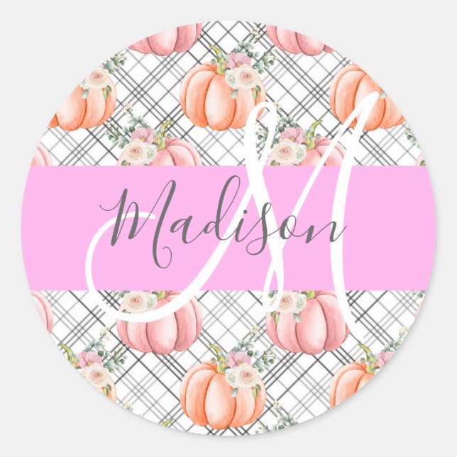 Girly Floral Grey Pink Peach Pumpkin Monogram Name Classic Round Sticker (Front)