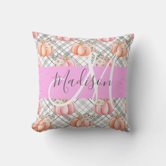 Girly Floral Grey Pink Peach Pumpkin Monogram Name Cushion (Front)