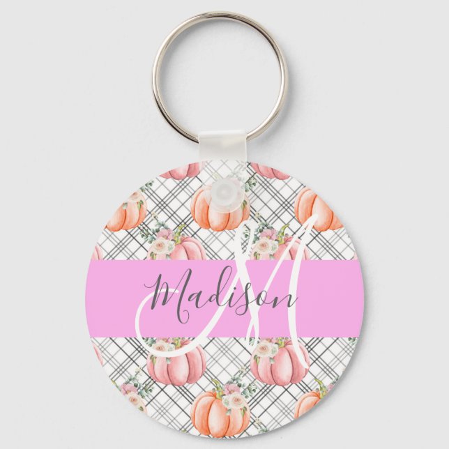 Girly Floral Grey Pink Peach Pumpkin Monogram Name Key Ring (Front)