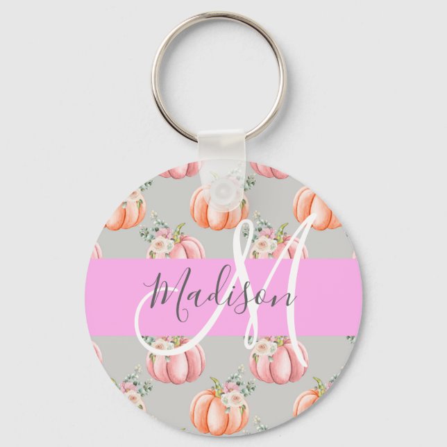 Girly Floral Grey Pink Peach Pumpkin Monogram Name Key Ring (Front)