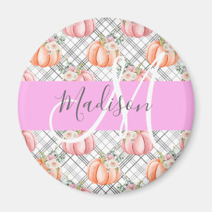 Girly Floral Grey Pink Peach Pumpkin Monogram Name Magnet