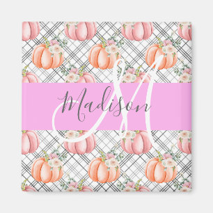 Girly Floral Grey Pink Peach Pumpkin Monogram Name Magnet