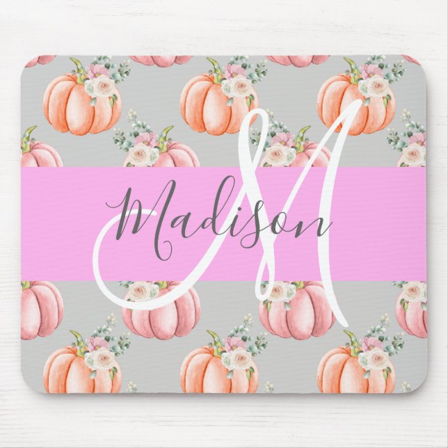 Girly Floral Grey Pink Peach Pumpkin Monogram Name Mouse Mat (Front)