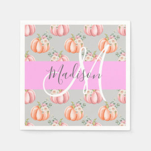 Girly Floral Grey Pink Peach Pumpkin Monogram Name Napkin