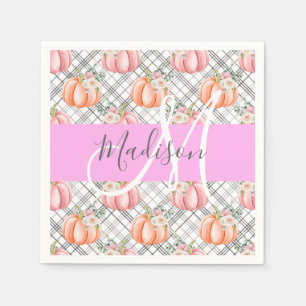 Girly Floral Grey Pink Peach Pumpkin Monogram Name Napkin