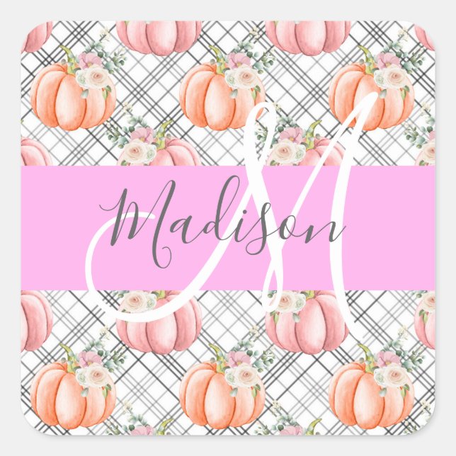 Girly Floral Grey Pink Peach Pumpkin Monogram Name Square Sticker (Front)