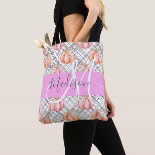 Girly Floral Grey Pink Peach Pumpkin Monogram Name Tote Bag