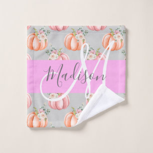 Girly Floral Grey Pink Peach Pumpkin Monogram Name Wash Cloth