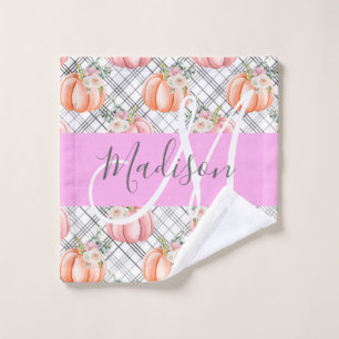 Girly Floral Grey Pink Peach Pumpkin Monogram Name Wash Cloth