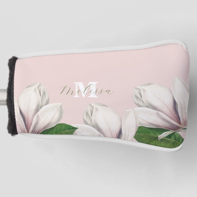 Girly Floral Magnolia Pink Monogram Name   Golf He Head Cover (Front)