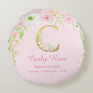 Girly Floral Monogram Baby Stats Round Cushion