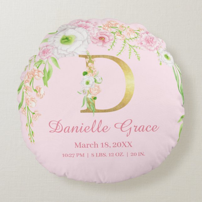 Girly Floral Monogram Baby Stats Round Cushion (Front)