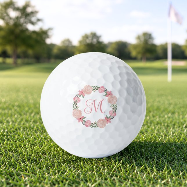 Girly Floral Monogram Golf Balls (cute girly pink floral monogram golf balls with custom initial)