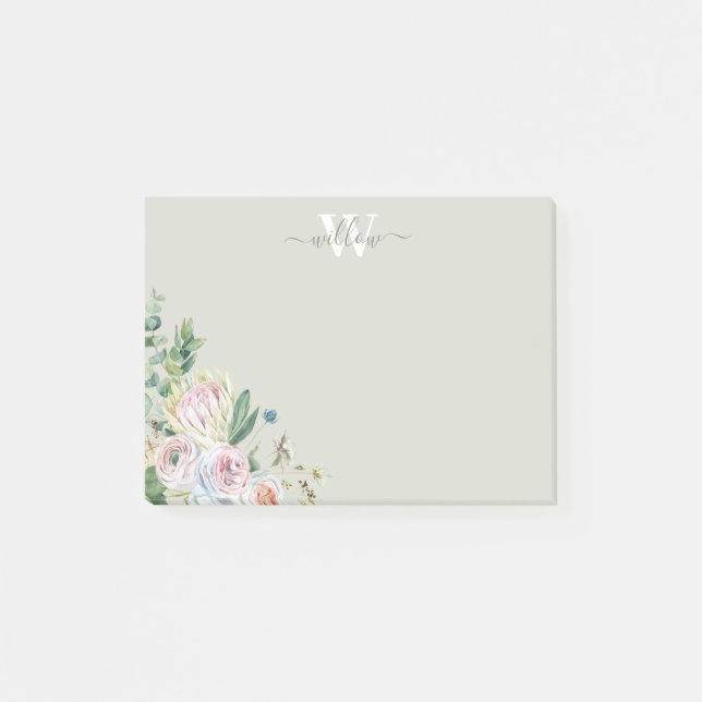 Girly Floral Monogram Greenery Post-It Notes (Front)