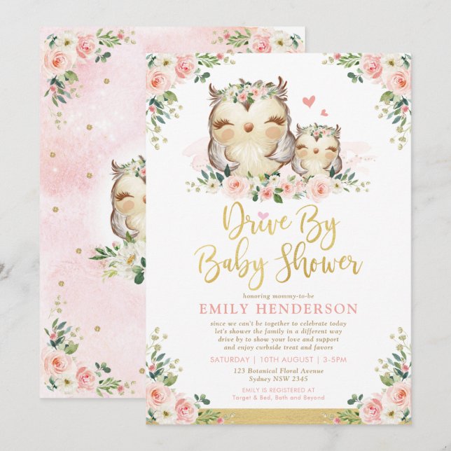 Girly Floral Owl Drive By Baby Shower Quarantine Invitation (Front/Back)