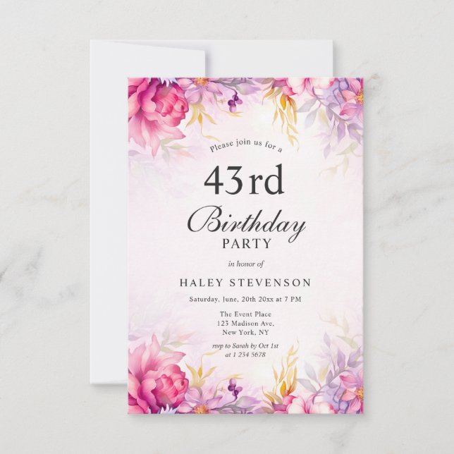 Girly Floral Pastel Watercolor Chic 43rd Birthday Invitation (Front)