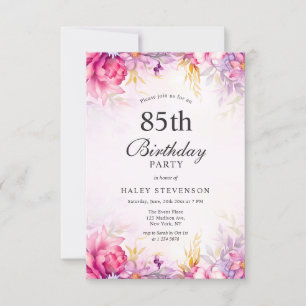 Girly Floral Pastel Watercolor Chic 85th Birthday Invitation
