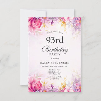 Girly Floral Pastel Watercolor Chic 93rd Birthday Invitation