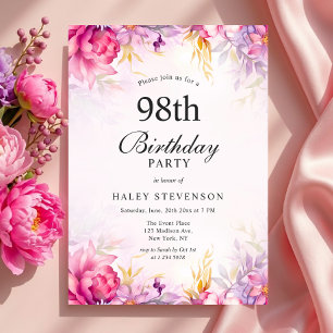 Girly Floral Pastel Watercolor Chic 98th Birthday Invitation