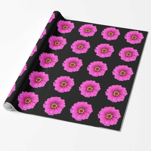 Girly Floral Pink Black Daisy Wrapping Paper (Unrolled)