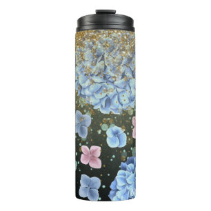 *~* Girly Floral Pink Blue Hydrangea Glitter Thermal Tumbler