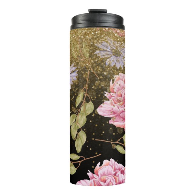 *~* Girly Floral Pink Roses Blue Daisy Glitter  Thermal Tumbler (Front)